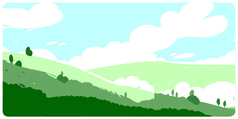 realistic and detailed soft green hills crayon style cute, vector illustration flat 2