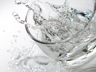 Dynamic closeup of water splashing out of a clear glass, capturing movement and clarity. - obrazy, fototapety, plakaty