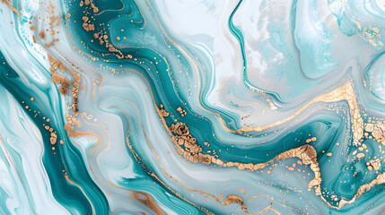 Teal green and white marble stone with gold veins Background.