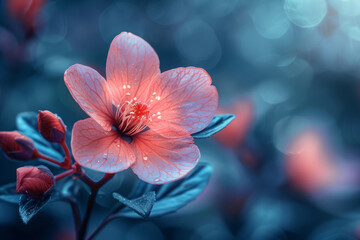 Ethereal Hibiscus Flower with Dew Drops in a Dreamy Blue Light