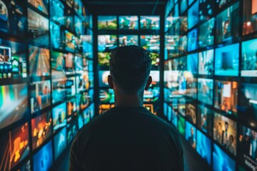 Mind control through media: man faced with an array of screens