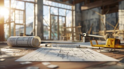 Craft a detailed 3D visualization of construction blueprints and designer tools set against the...