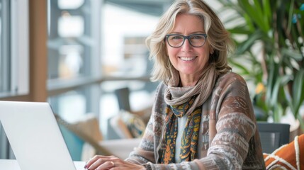 Smiling Woman with Laptop at Work