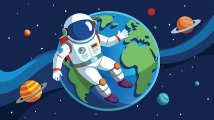 Astronaut floating in space over earth vector cartoon illustration. Planetary bodies and stars creating a captivating space scene.