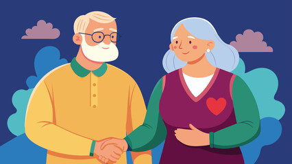 Elderly couple holding hands with love vector cartoon illustration. Joyful depiction of affection and companionship in golden years.