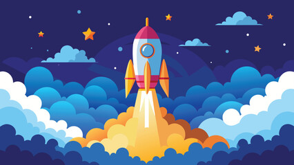 Rocket launching into a starry sky, vector cartoon illustration.