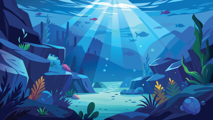 Underwater ocean scene with marine life, vector cartoon illustration.