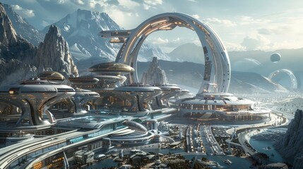 Evolving urban landscapes featuring a futuristic transport hub, ultra-realistic