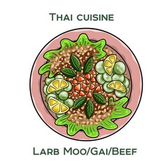 Traditional Thai food. Larb Moo, Gai, Beef on white background. Isolated vector illustration.
