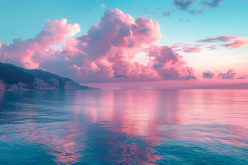 A beautiful pink and blue sky with clouds and a calm ocean