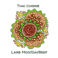 Traditional Thai food. Larb Moo, Gai, Beef on white background. Isolated vector illustration.