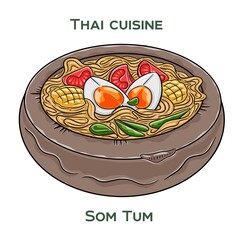 Traditional Thai food. Som Tum on white background. Isolated vector illustration.