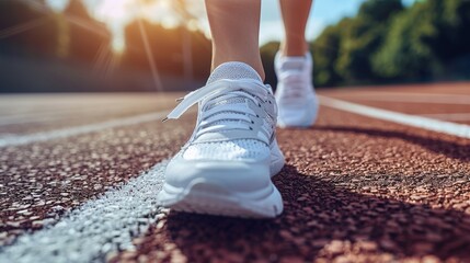 Close-up of the runner&#039;s feet as they start running on the stadium track, with a beautiful sunset in the background.