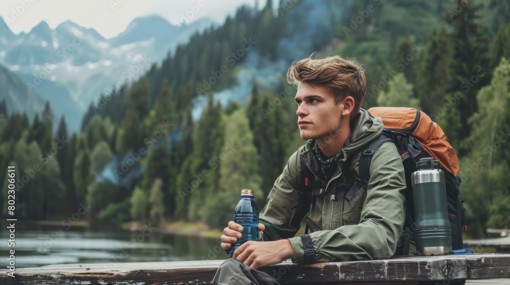 Poster young hiker resting by mountain lake