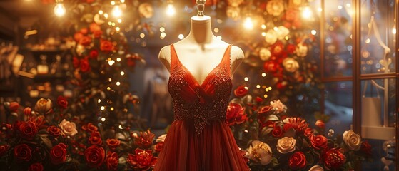 Seasonal red dress on store mannequin, generative AI