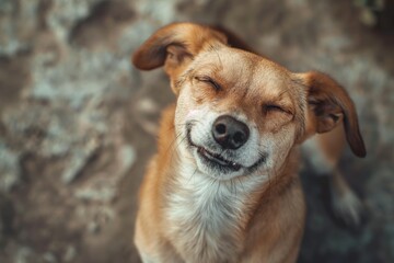 A happy dog appears to smile with closed eyes, embodying pure joy and contentment