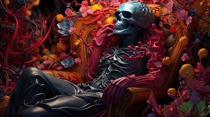 Cartoonish colorful 3d illustration of stylized mythical zombie, contemplation of death.