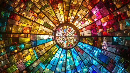 Colorful stained glass window in a spiral design, showcasing a vibrant array of textures and hues.