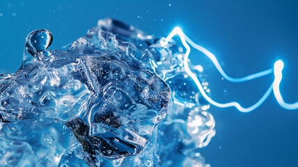 Dynamic close-up of splashing water with clear, crisp droplets and fluid motion against a vibrant blue background.