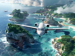 Fototapeta premium A private jet flies over a tropical island with a blue lagoon.