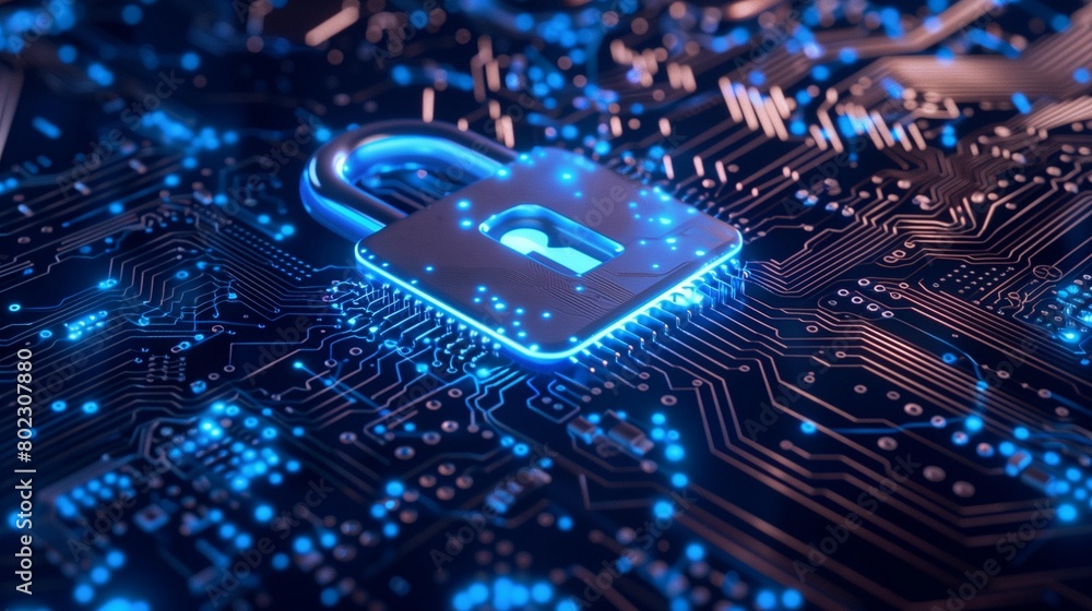 Poster horizontal lock with blue light on an electronic circuit. cyber security data protection business pr