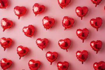 Beautiful arrangement of red heart shaped balloons on pink background with central heart shape