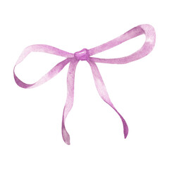 Purple Pink pastel ribbon bow tie. Cute girly style. Hand drawn watercolor isolated on white background