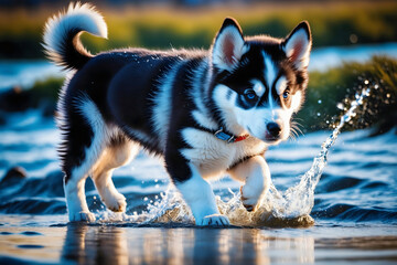 Joyful photo of a husky puppy splashing water at the beach.