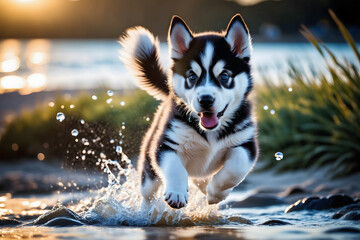Joyful photo of a husky puppy splashing water at the beach.