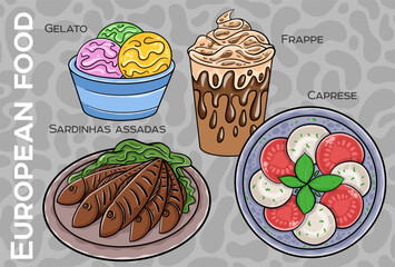 Popular Western & Central European Food Set. Hand-drawn & Vector.