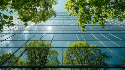 Incorporating ESG Sustainability: Reflection of Corporate Glass Building with Green Trees. Concept Corporate Sustainability, Glass Buildings, Green Trees, ESG Practices, Urban Environment