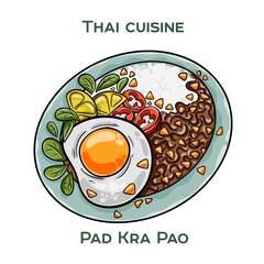 Traditional Thai food. Pad Kra Pao on white background. Isolated vector illustration. - obrazy, fototapety, plakaty