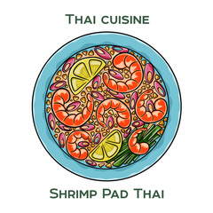 Traditional Thai food. Shrimp Pad Thai on white background. Isolated vector illustration.