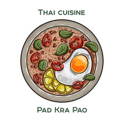 Traditional Thai food. Pad Kra Pao on white background. Isolated vector illustration.