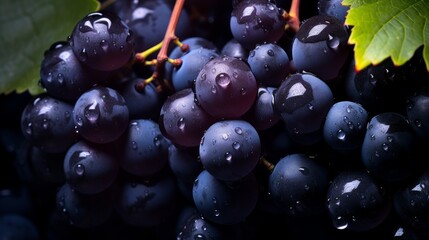 Blue black grapes with water drops, close-up background.