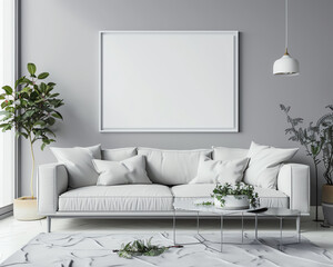 Modern Scandinavian living room design featuring a blank picture frame on a gray wall, minimalist white interior, perfect for home staging