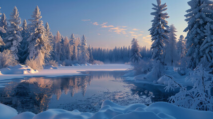 A serene winter landscape, with snow-covered pine trees and a small frozen lake, under the clear blue twilight sky