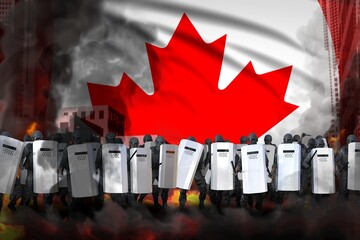 Canada protest stopping concept, police swat on city street are protecting order against riot - military 3D Illustration on flag background