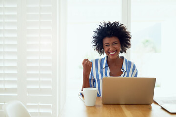Portrait, black woman and laptop in home with celebration for career success, entrepreneur and...