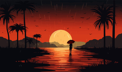 Obraz premium sunset village vector flat minimalistic isolated illustration