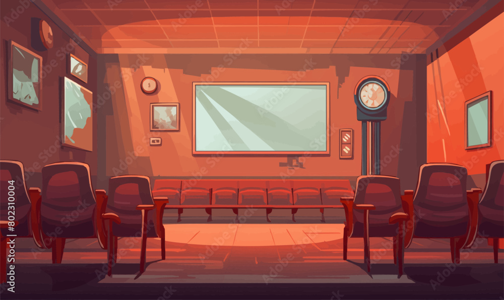 Poster a cartoonish drawing of a room with a clock on the wall and a large empty screen