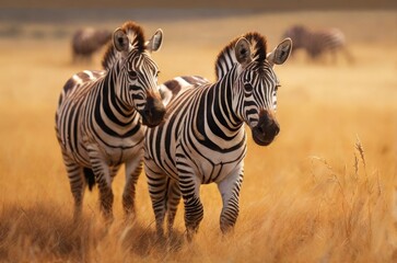 Fototapeta na wymiar African zebras at sunset in the Serengeti National Park