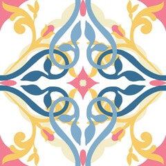 Traditional spanish ceramic floor tiles. Portuguese motifs, lisbon colors tile. Kitchen mosaic, colorful decorations pattern