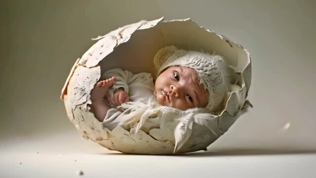 A cute little newborn baby hatches from an egg. A baby sleeps in an egg against a plain gray background in a studio. In the concept of a person hatching from an egg.