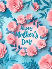 Paper cut background with roses and leaves, text Happy Mother's Day