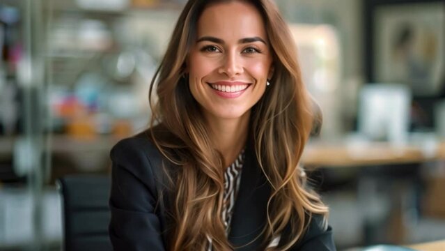 An attractive, confident young businesswoman stands outside adjusting her formal jacket looking at the camera smiling Successful businesswoman concept