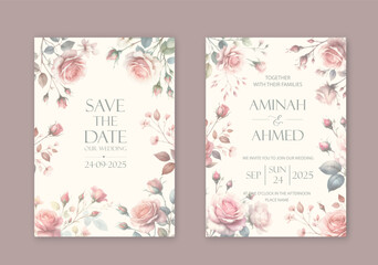 Elegant wedding invites with watercolor flowers on white background.