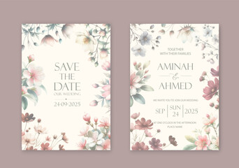 Elegant wedding invites with watercolor flowers on white background.
