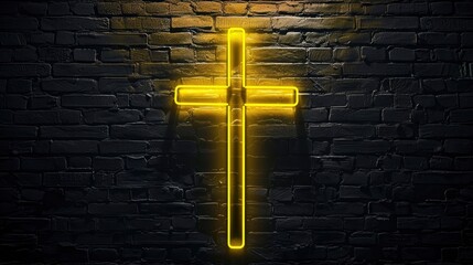  Yellow cross sign on black brick wall background.