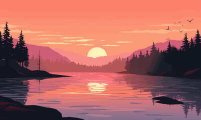 sunrise lake vector flat minimalistic isolated illustration